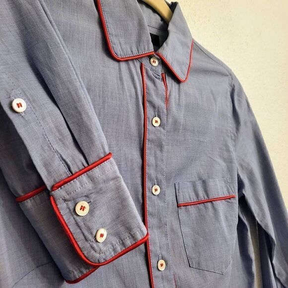 NWOT J. Crew Blue Pajama-Style Classic Effortless Button-down Top w/ red trim - Picture 3 of 5